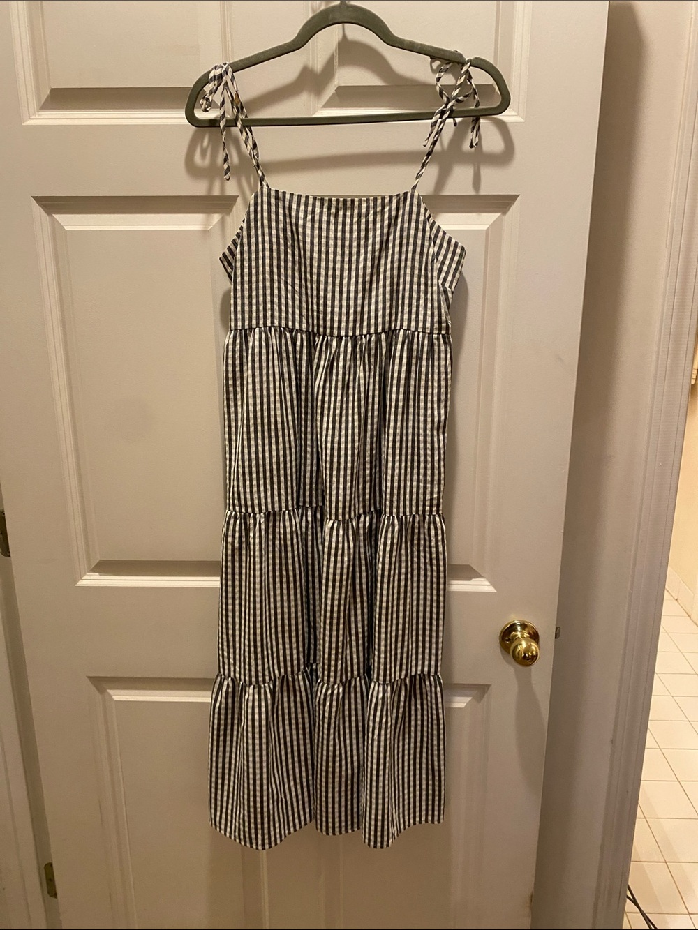 TCEC Black and White Striped Gingham Dress with Tie Shoulders